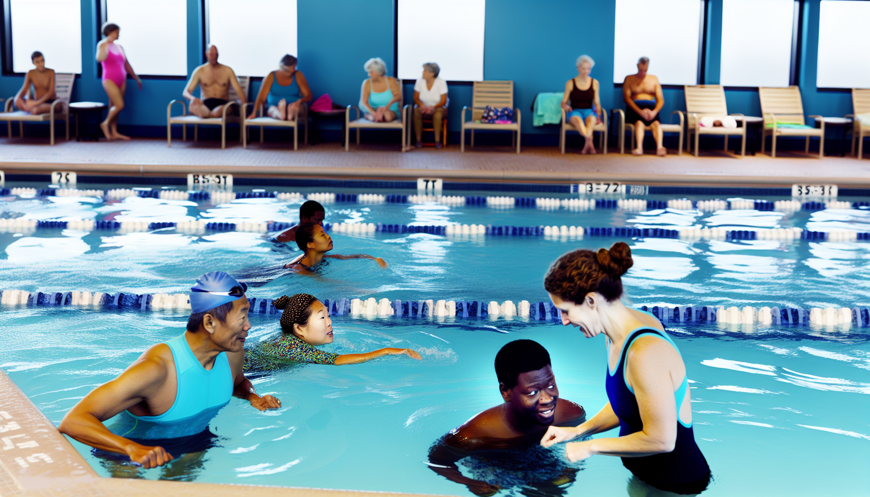 Adults participating in semi-private swim lessons
