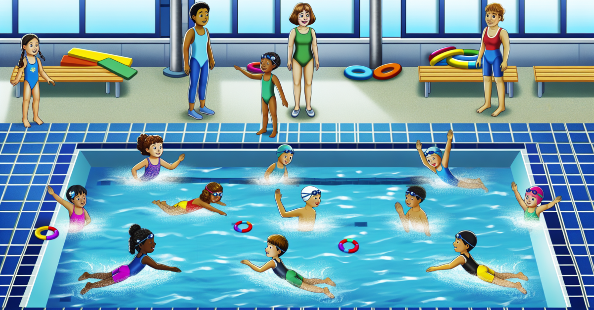 Diverse group of children learning to swim in a pool