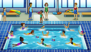 Diverse group of children learning to swim in a pool