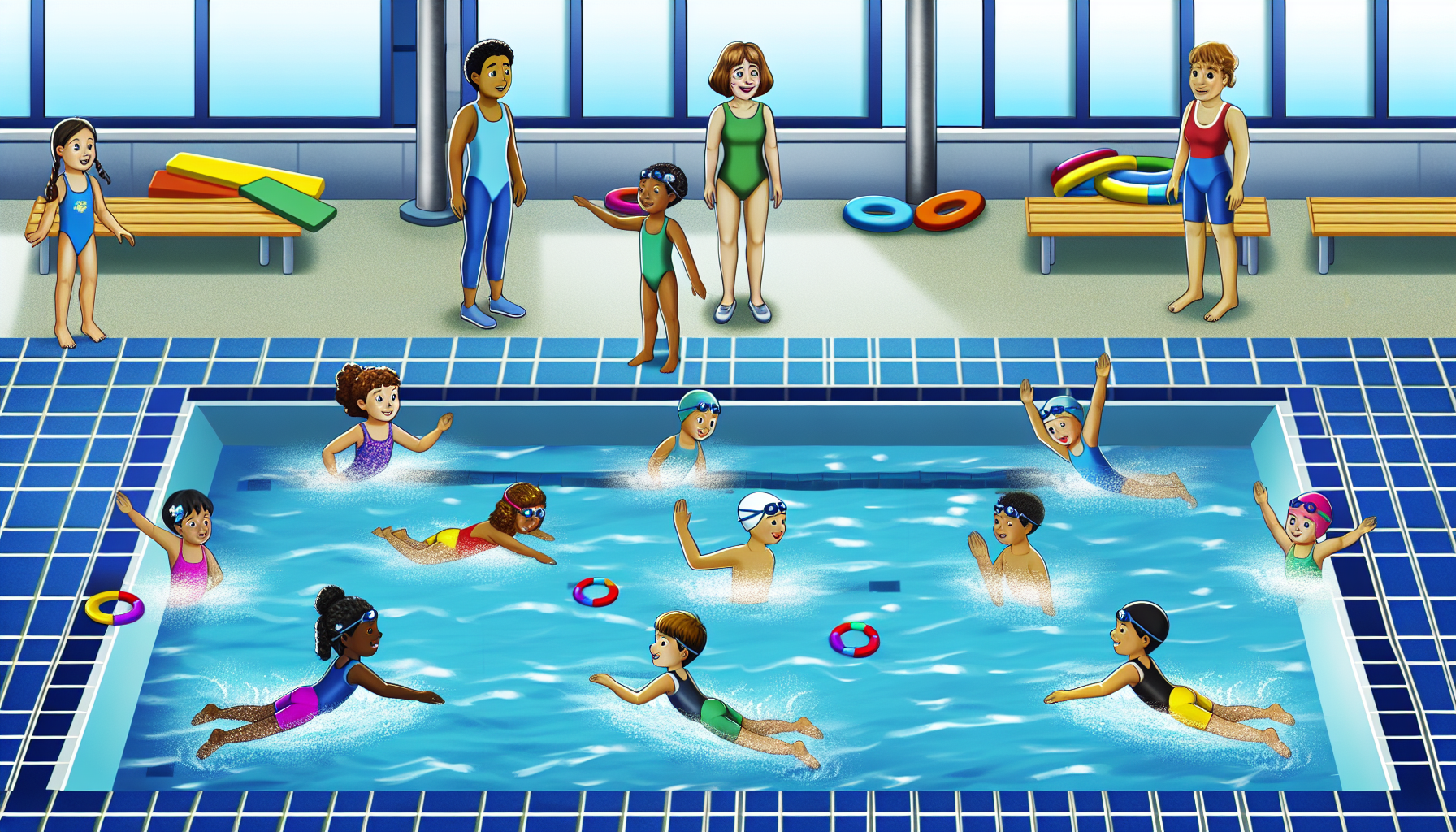 Diverse group of children learning to swim in a pool
